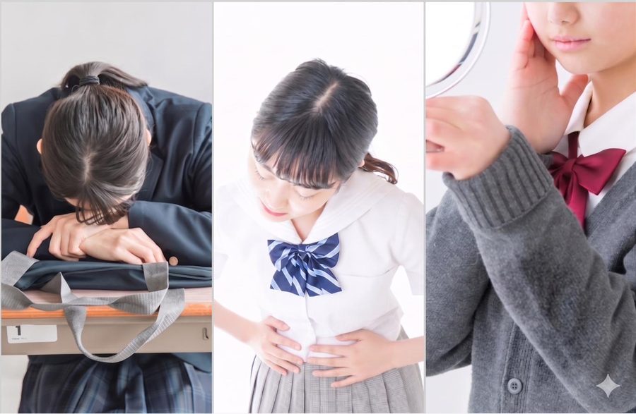 お腹・肌・気分の不調に悩む子どもたちのイラスト