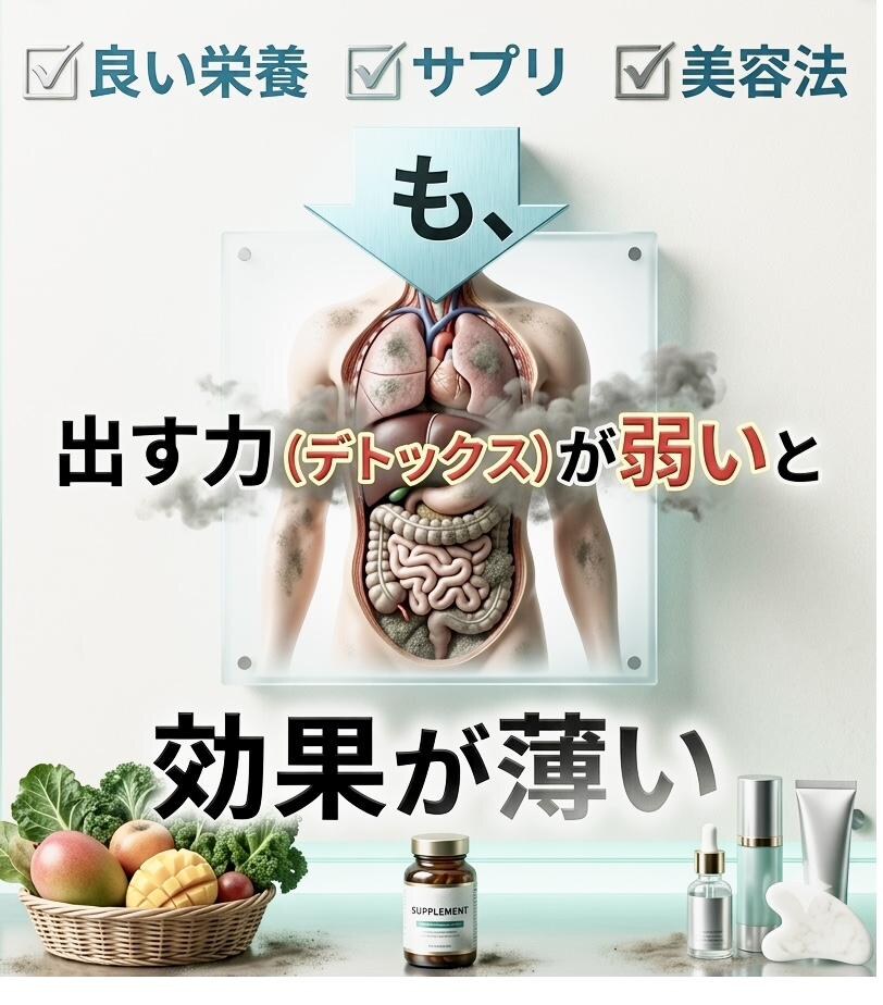 良い栄養・サプリ・美容法を取り入れても、出す力（デトックス）が弱いと効果が薄いことを示した図