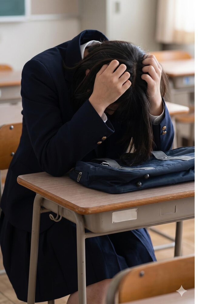 教室の机で頭を抱える中学生・高校生の女の子。朝起き上がれず、学校で不調に悩む様子