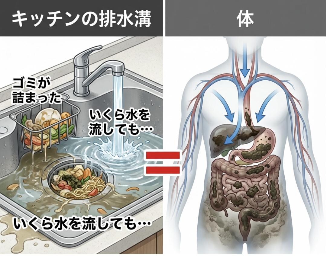 キッチンの排水溝と体の対比。詰まった状態にはいくら水を流しても流れないイラスト