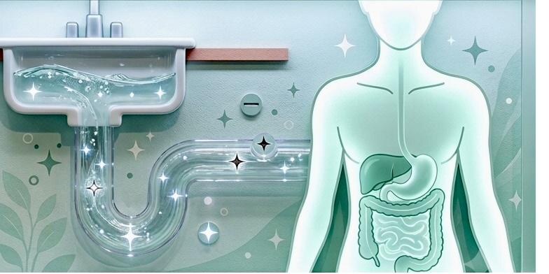 排水溝と体が浄化されて綺麗に流れているイラスト