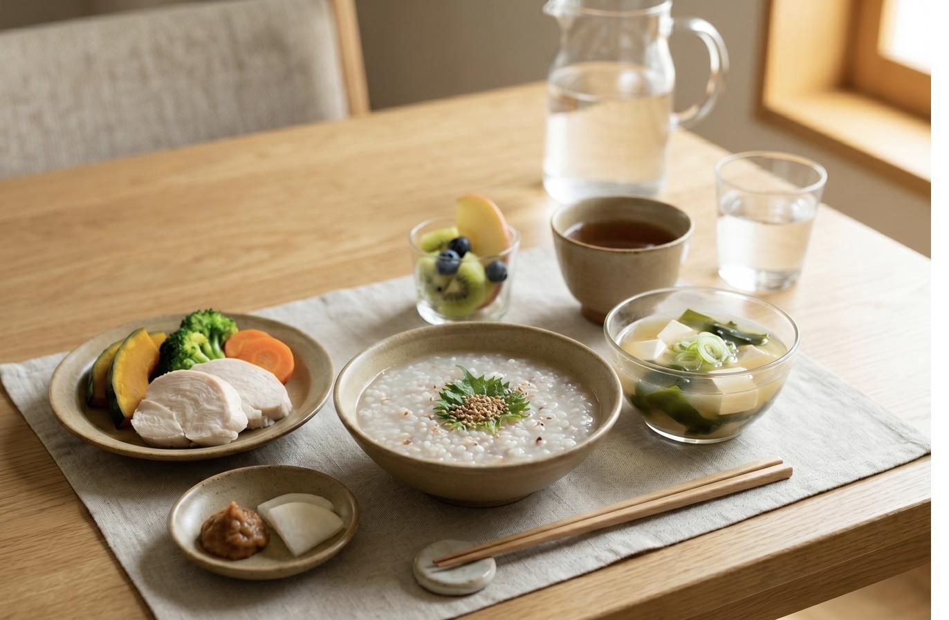 回復食の一例。おかゆ、蒸し鶏と温野菜、豆腐とわかめの味噌汁、果物など胃にやさしい献立